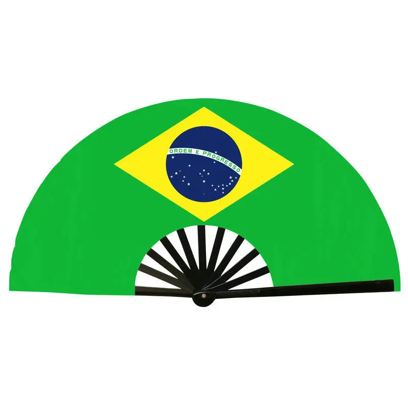 A green Brazilian flag fan with a yellow diamond and blue circle emblem.