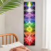 A vertical tapestry depicting the seven chakras with vibrant colors and light effects for spiritual decor.