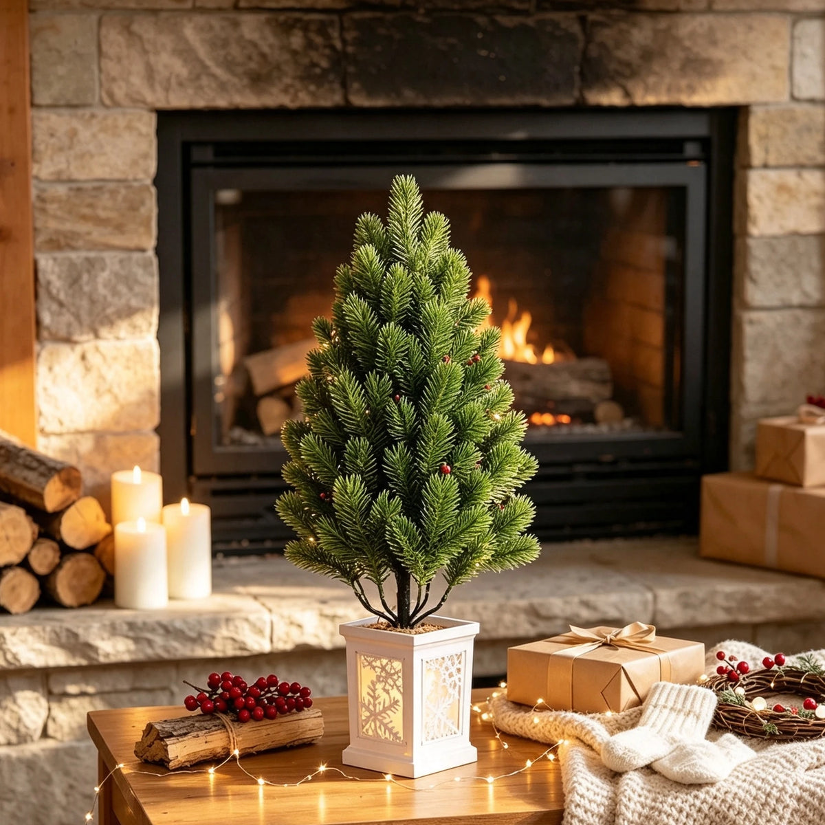 A small artificial pine tree in a white box sits on a wooden surface next to candles and wrapped gifts.