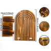 A set of geometric wooden wall shelves featuring curved slats and a decorative wooden handle.