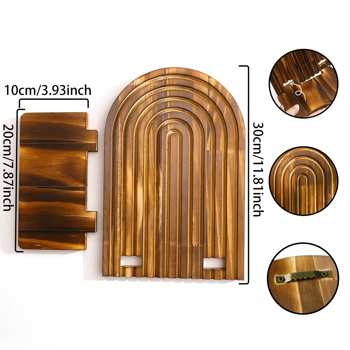 A set of geometric wooden wall shelves featuring curved slats and a decorative wooden handle.