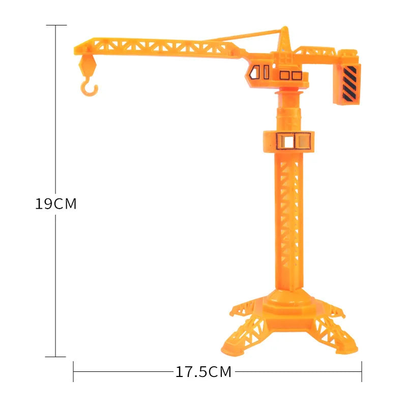Orange construction vehicle cake toppers set featuring an excavator, crane, and road signs.