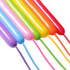 A close-up of a bundle of colorful latex strip balloons in various shades including pink, yellow, orange, and green.