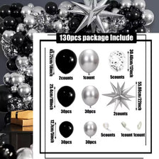 A package of 130 pieces of black and silver balloons, including various sizes and counts for decoration.