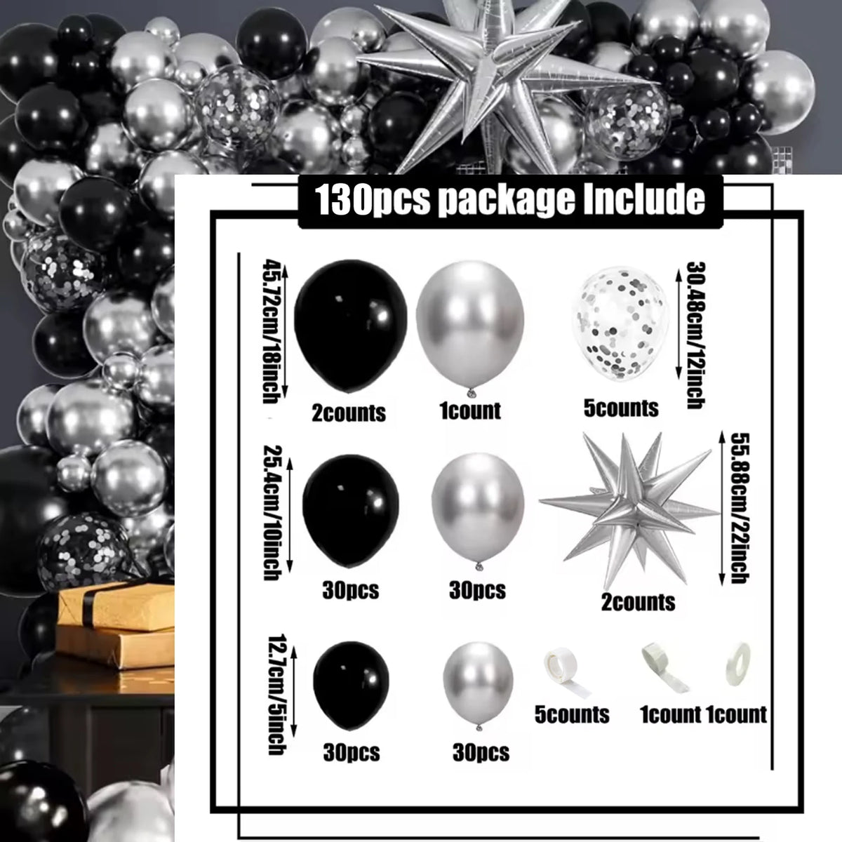 A package of 130 pieces of black and silver balloons, including various sizes and counts for decoration.
