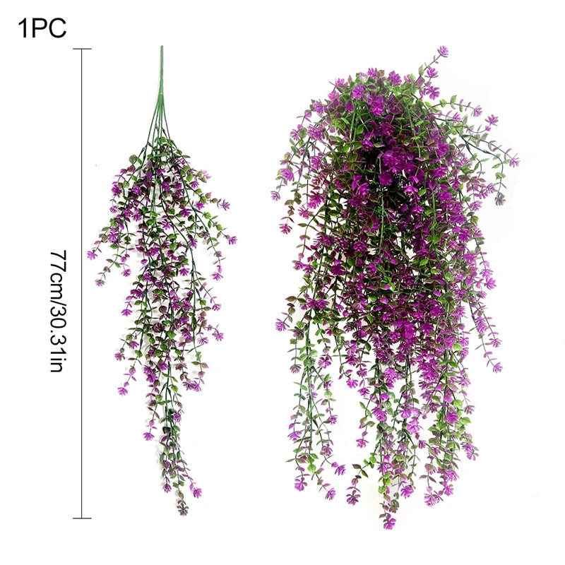A long, cascading arrangement of artificial purple and green morning glory flowers hanging vertically.