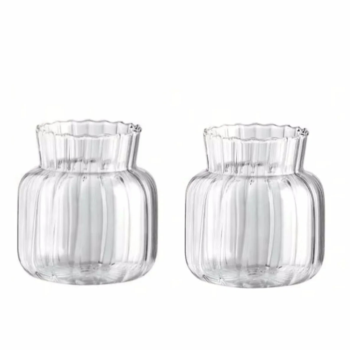 Clear glass vase with vertical ridges and a rounded base for home decor