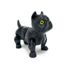 A black 3D printed articulated bulldog figurine with yellow eyes.