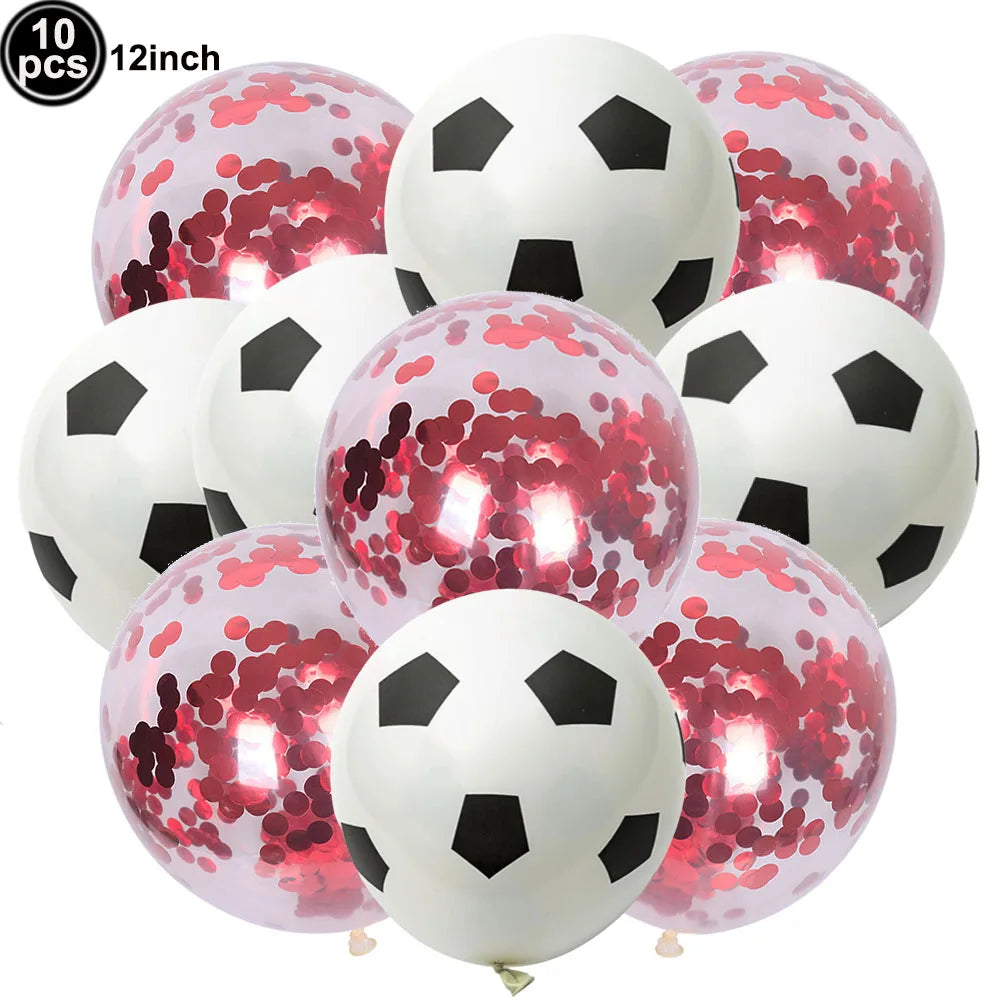 A pack of ten black and white latex soccer ball balloons for party decorations.