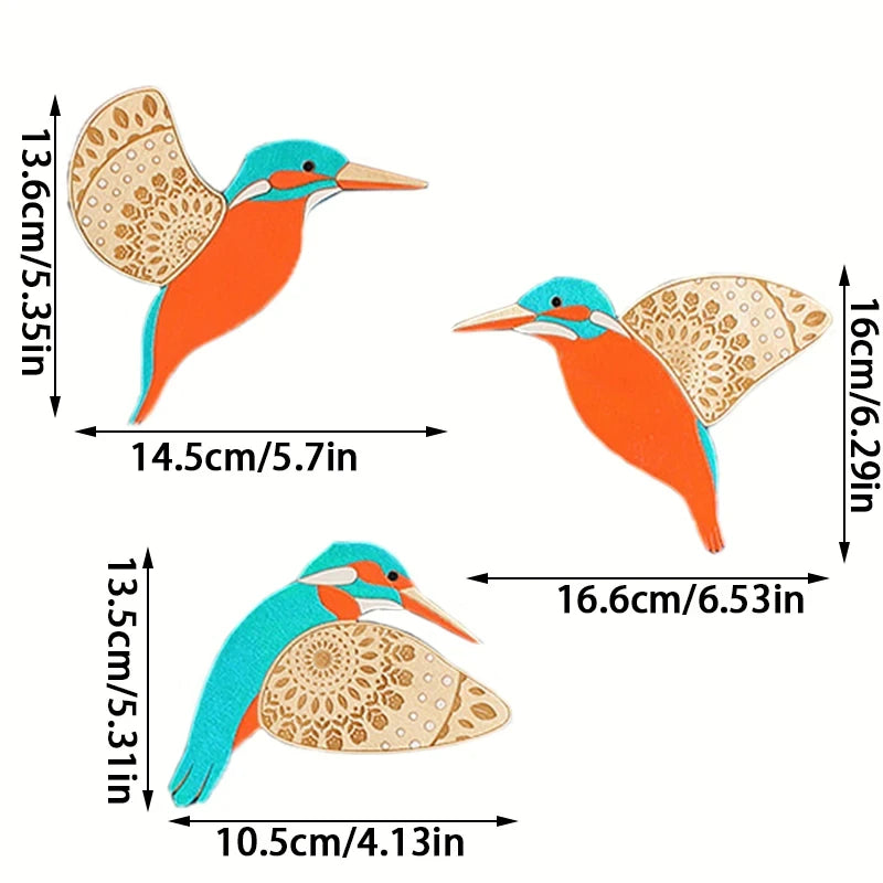 Set of three vintage wooden bird wall decorations in orange and turquoise colors.