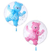 Two round foil balloons featuring a blue baby boy bear and a pink baby girl bear for parties