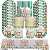 A set of green and white striped paper cups decorated with safari animals and jungle foliage for a party.