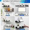 A set of black aluminum floating wall shelves is shown in various contexts like kitchen, study, bathroom, and bedroom.