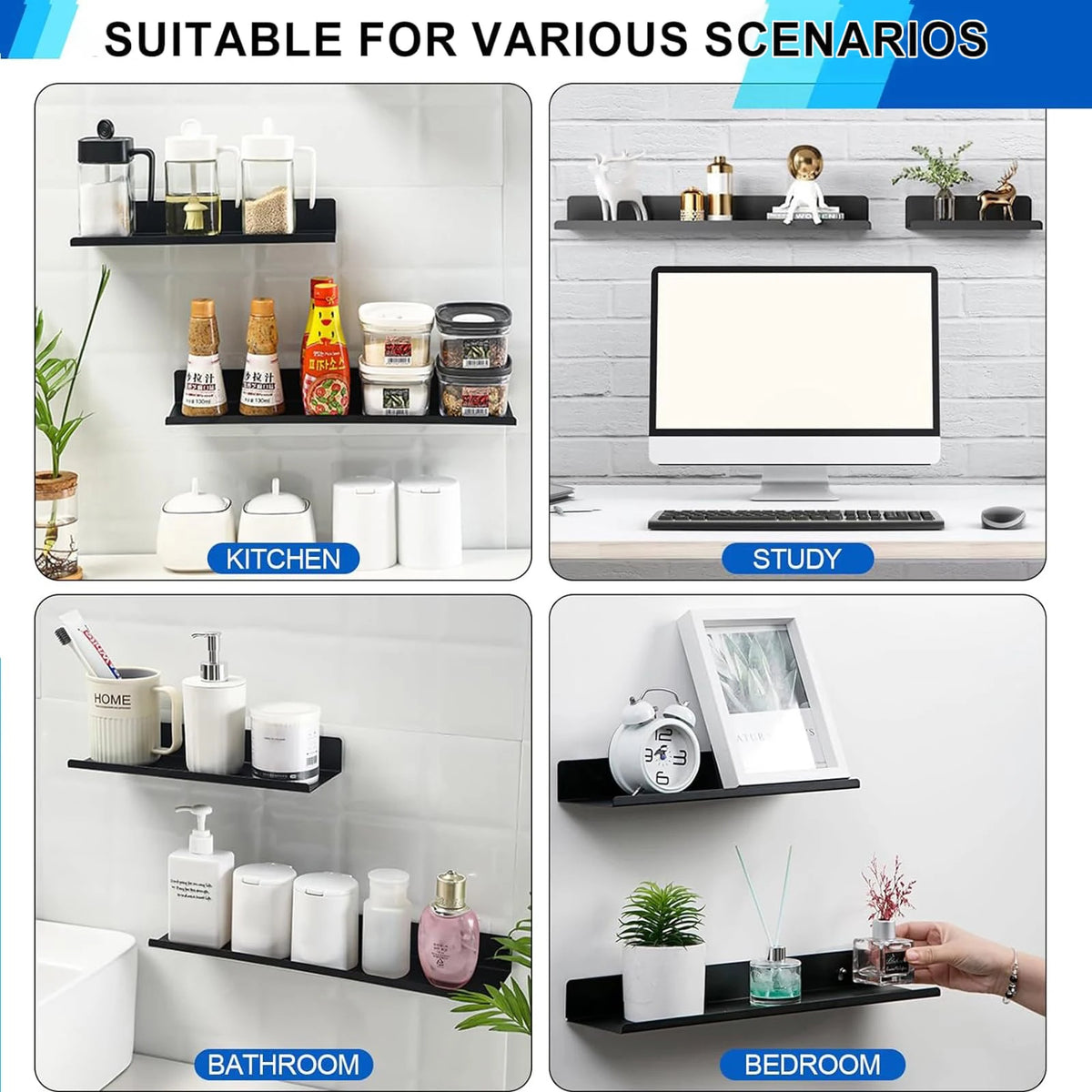 A set of black aluminum floating wall shelves is shown in various contexts like kitchen, study, bathroom, and bedroom.