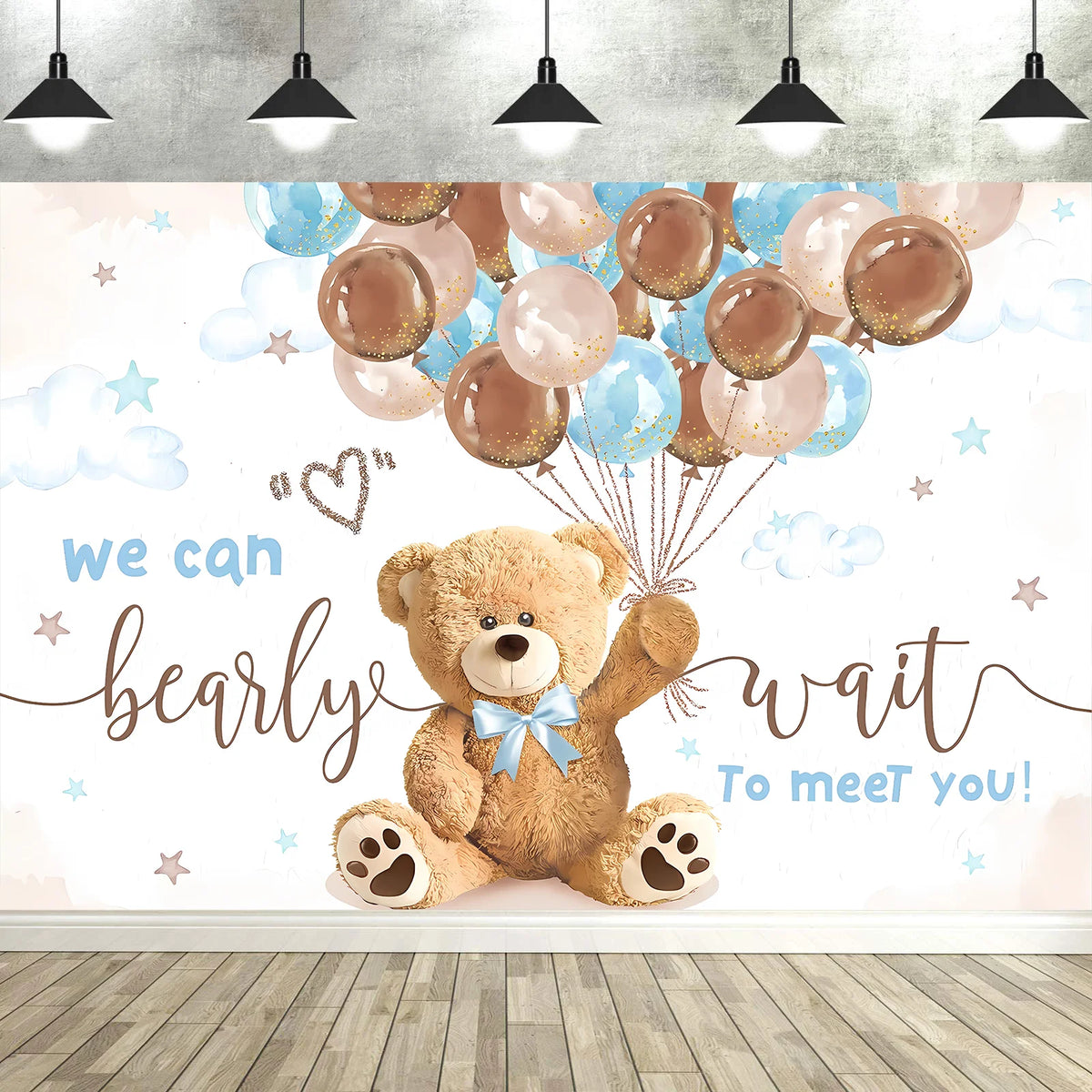 A soft pastel backdrop featuring a teddy bear and text that reads we can barely wait to meet you