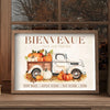 Canvas wall art poster featuring a vintage truck, pumpkins, and seasonal text inviting viewers to corn maze, apple cider, hay