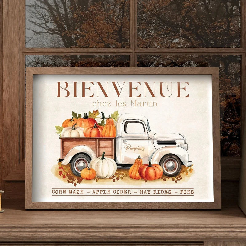 Canvas wall art poster featuring a vintage truck, pumpkins, and seasonal text inviting viewers to corn maze, apple cider, hay