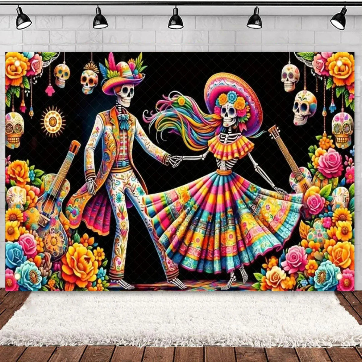 Day of the Dead Skeleton & Floral Backdrop for Party Photo Booth