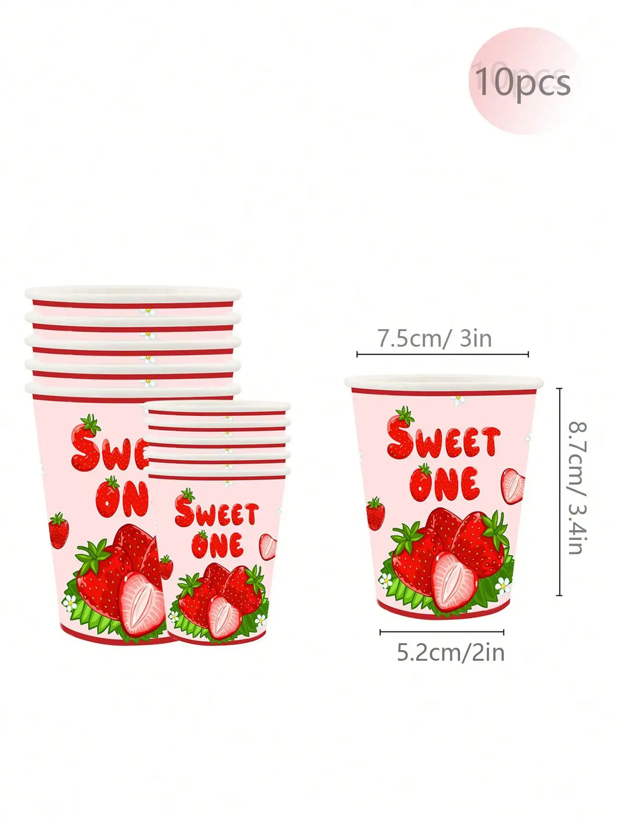 A set of 10 pink disposable cups with a sweet strawberry theme for a birthday party.