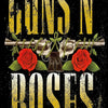 Gráfico de texto amarillo desgastado con las palabras GUNS N' ROSES sobre un fondo negro.