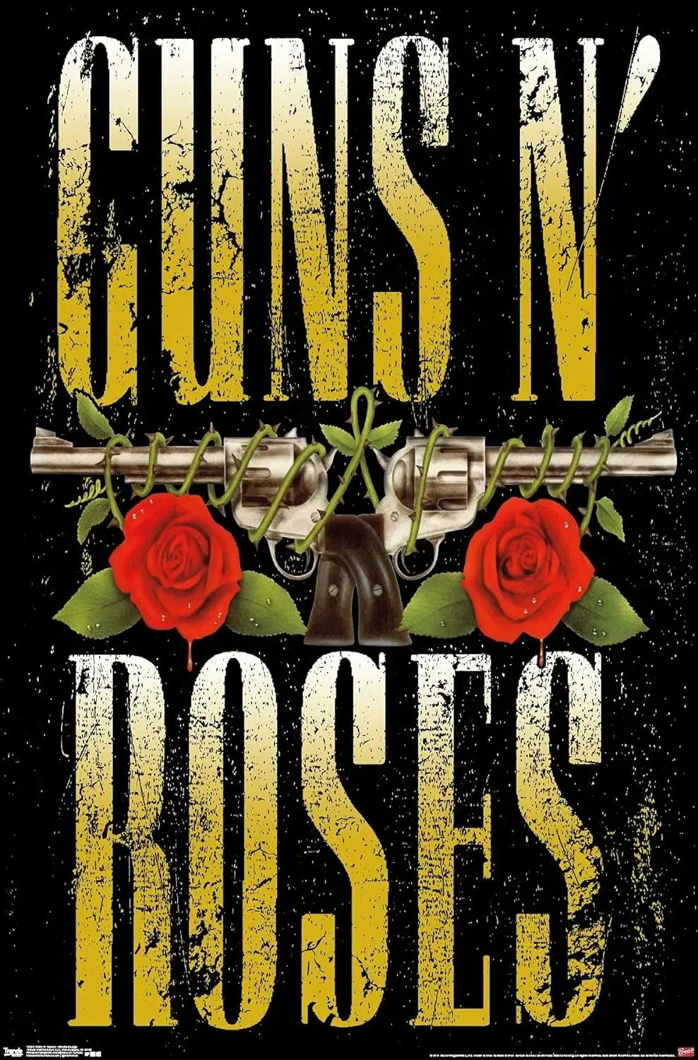 Gráfico de texto amarillo desgastado con las palabras GUNS N' ROSES sobre un fondo negro.