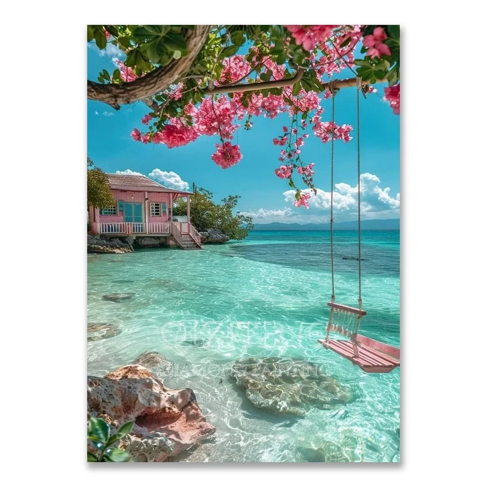 A pink house overlooking clear turquoise water with a hammock hanging from a tree branch.
