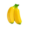 A bright yellow banana with a green stem shown in a close-up view.