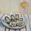A painting of oysters on a plate next to a glass of white wine.