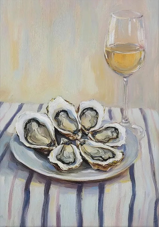 A painting of oysters on a plate next to a glass of white wine.