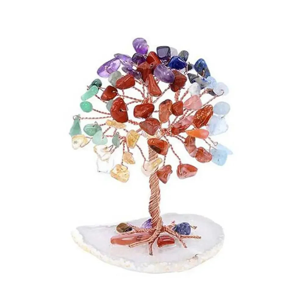 A crystal money tree decor featuring various colored crystals like amethyst, quartz, and citrine arranged on a stand.