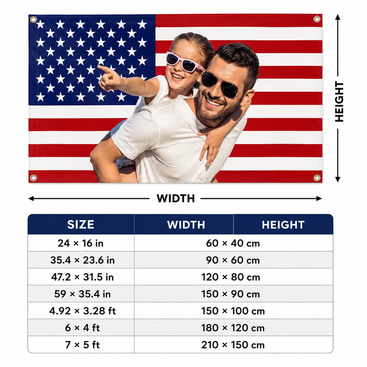 A photo flag featuring a smiling man and woman against an American flag background.