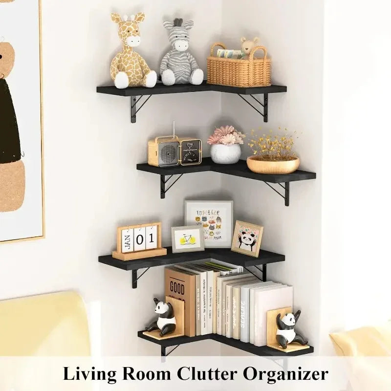 A living room clutter organizer featuring black floating shelves with various decorative items and books.
