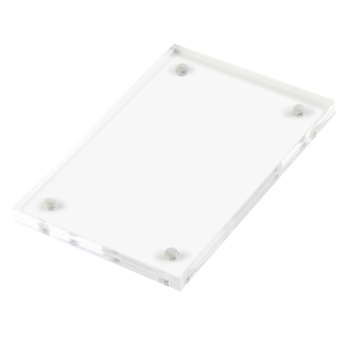 A clear acrylic magnetic photo frame with four visible mounting points.