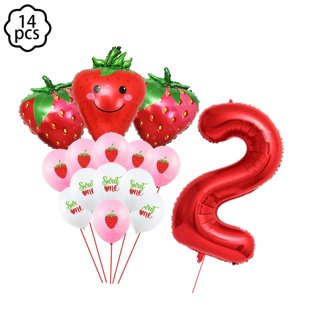 A kit of strawberry-themed party supplies including strawberries, balloons, plates, cups, napkins, and a foil number 2