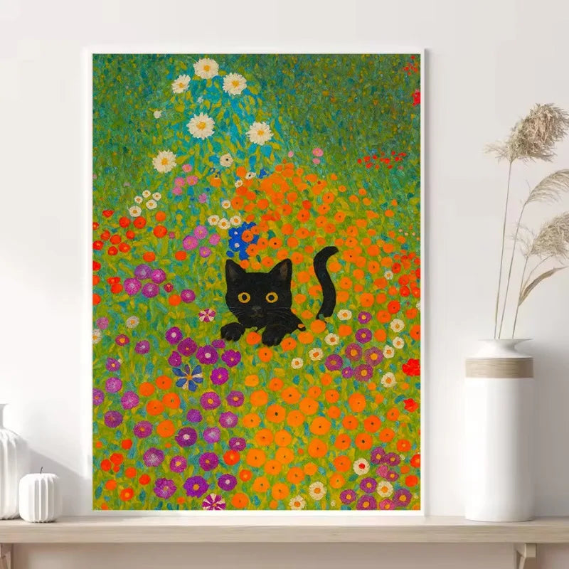 Vibrant canvas wall art featuring a black cat amidst a dense field of colorful wildflowers.