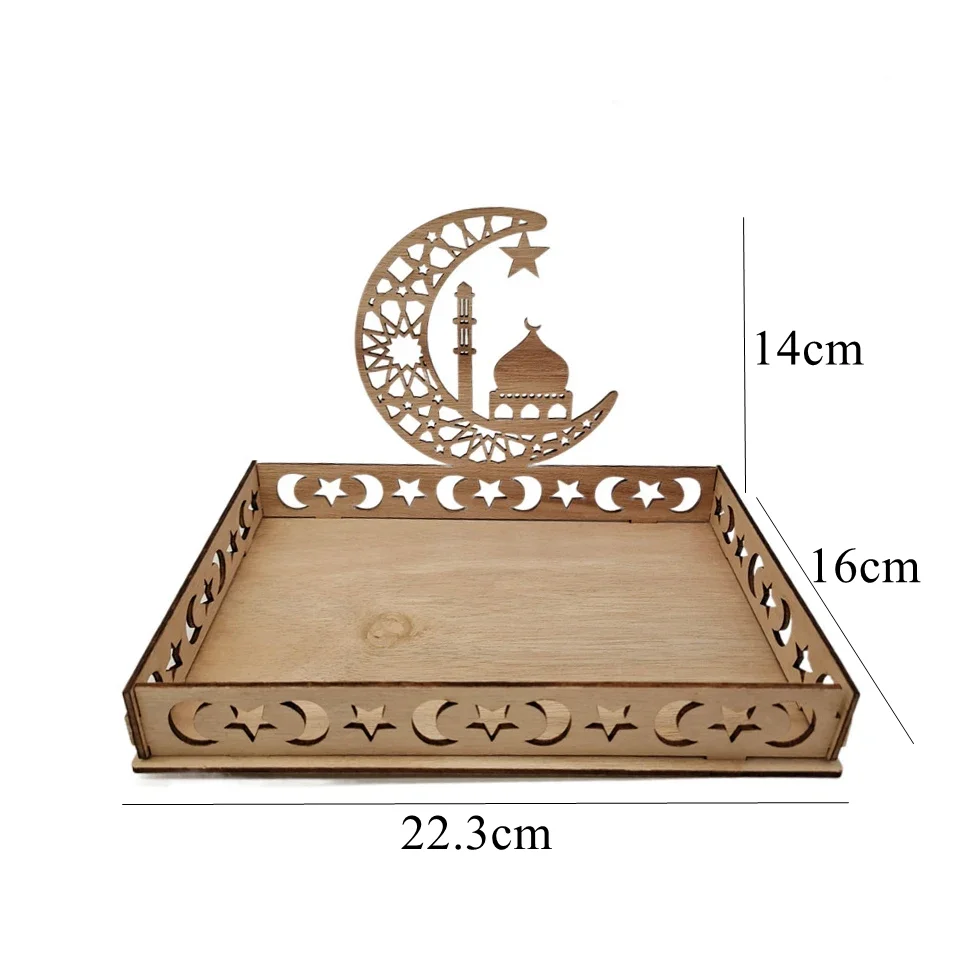 Bandeja de servir de Eid Mubarak de madera con diseño de luna creciente y estrella recortada