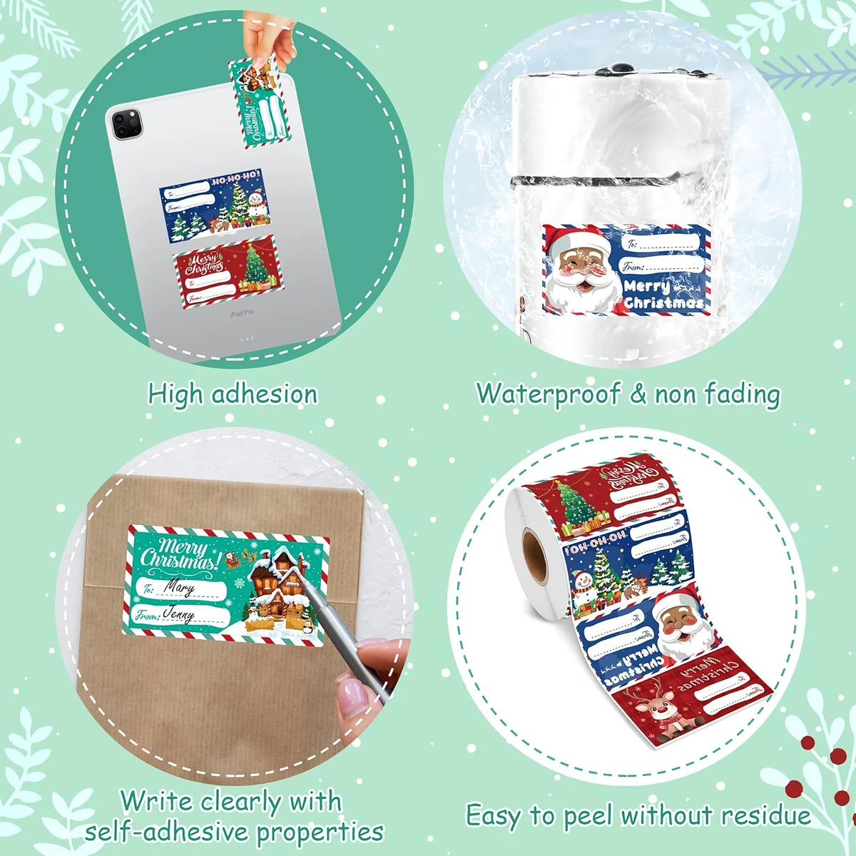 Various Christmas gift tag stickers and labels demonstrating high adhesion, waterproof properties, and easy peeling.