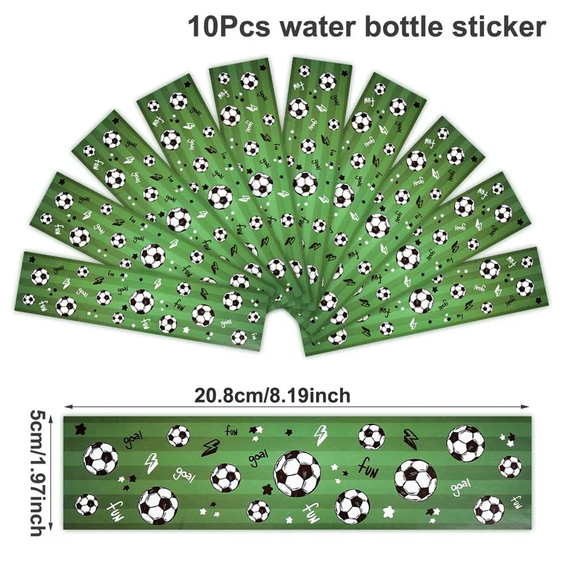 A sheet of 10 pieces of green water bottle stickers featuring soccer balls and related icons.