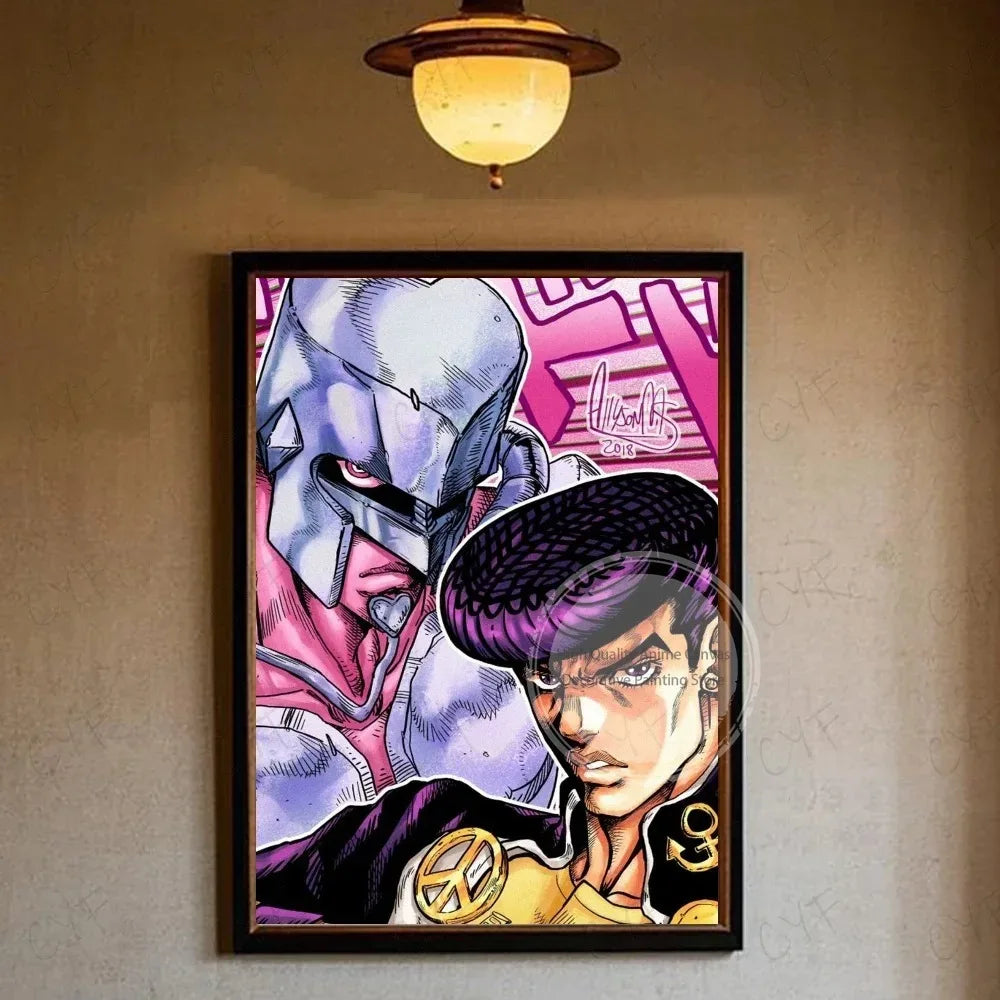 Anime poster featuring a stylized character with purple hair and a silver mask against a pink and white background.