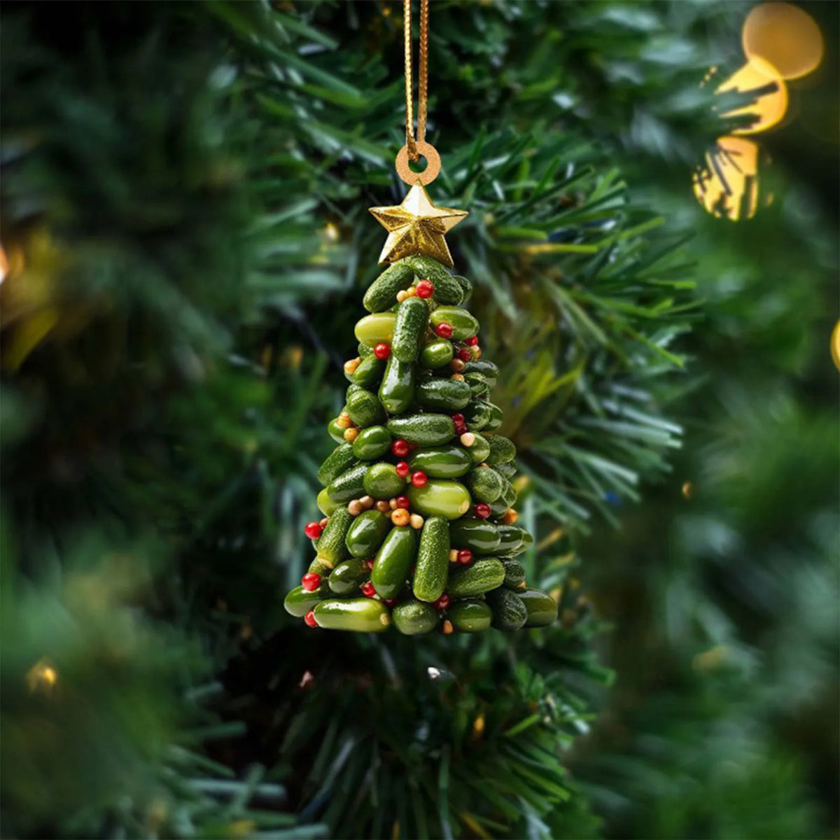 Un ornement étoile dorée pend sur une branche de pin verte décorée de petites baies vertes et rouges.