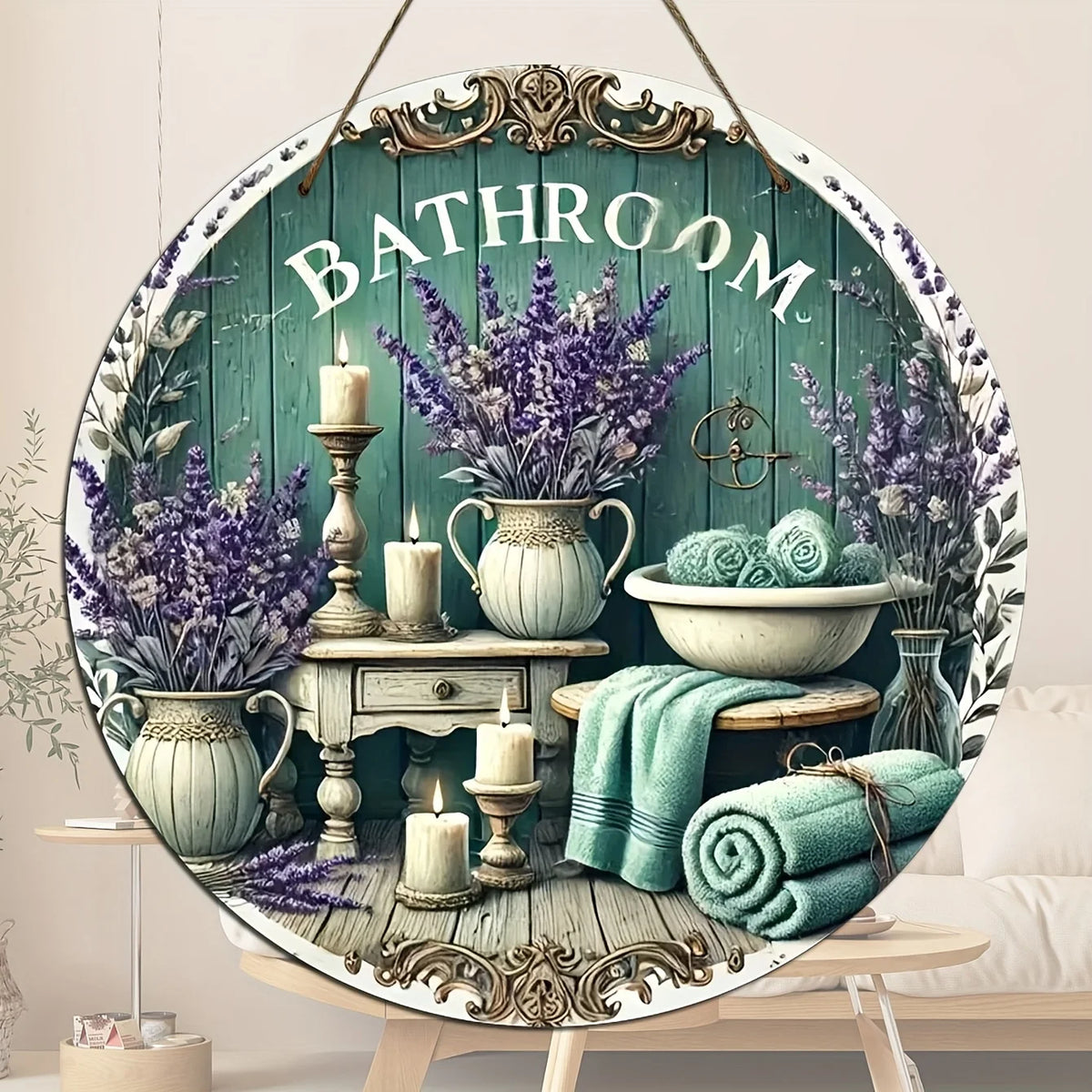 Rustic wooden bathroom wall sign featuring lavender flowers, candles, and green accents.