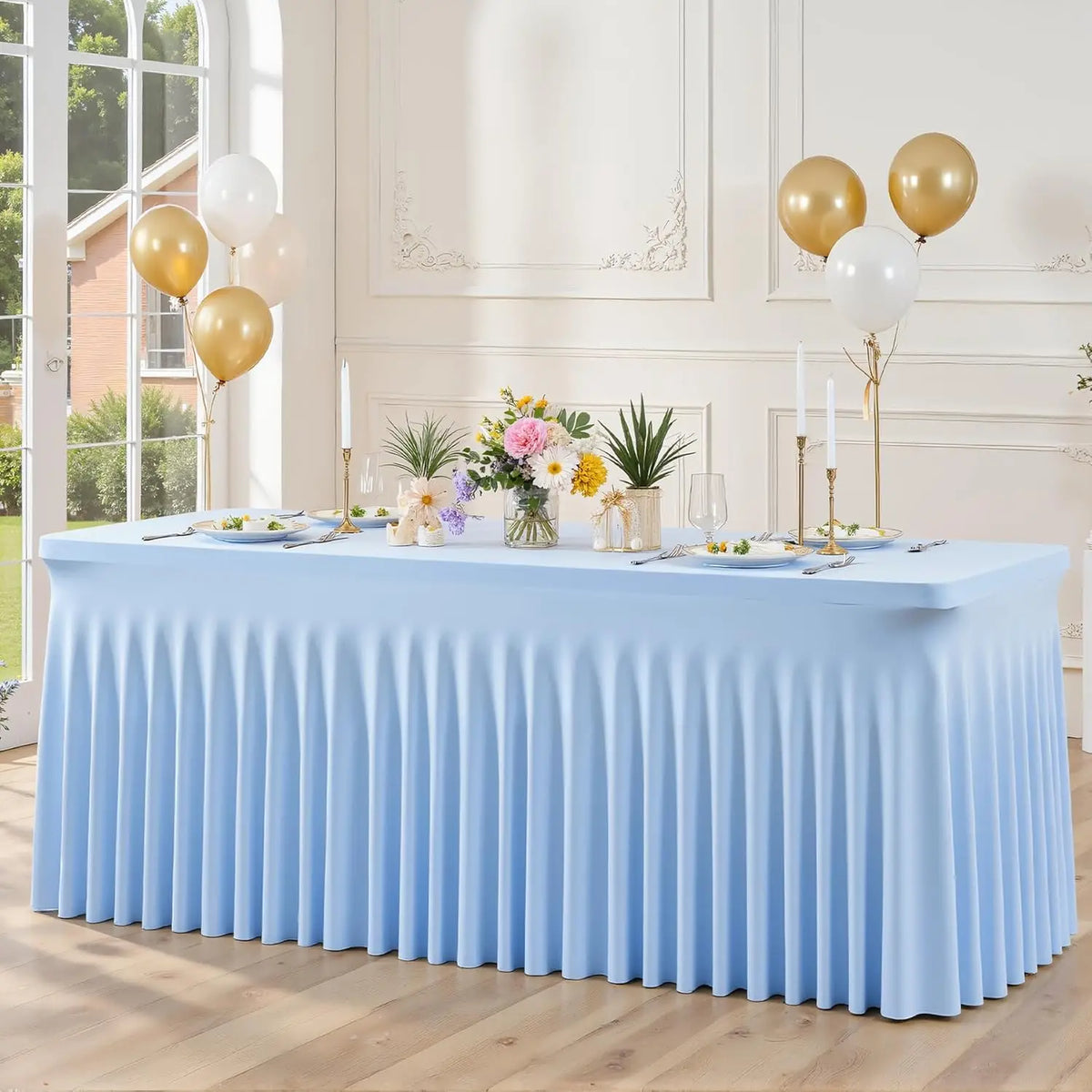 Light blue pleated spandex tablecloth cover set for a formal dining table with floral and gold balloons