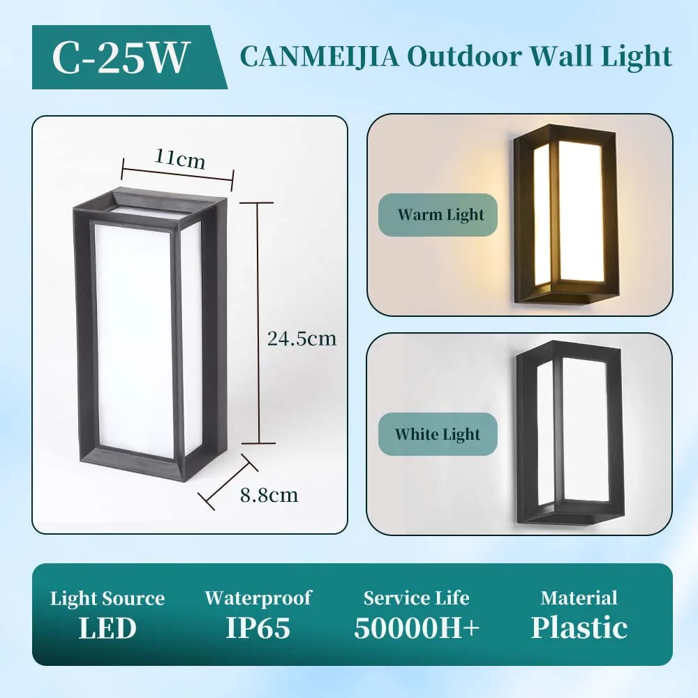 C-25W CANMEIJIA Outdoor Wall Light featuring a rectangular design with warm and white light options.