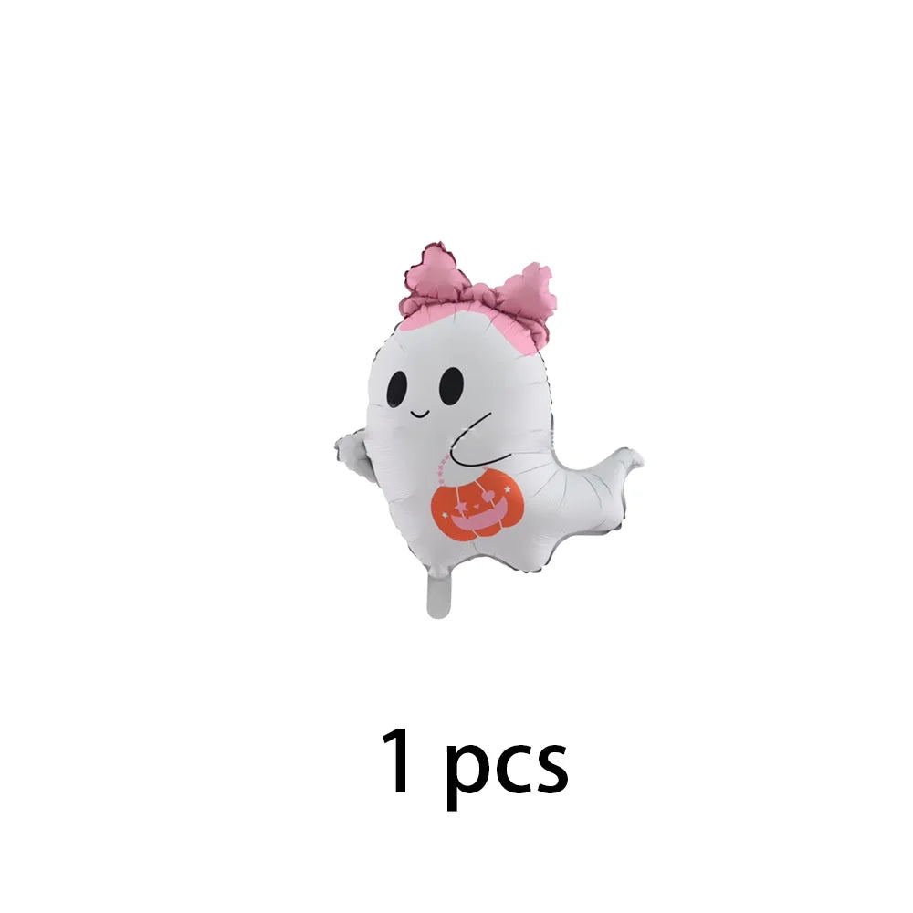 A white ghost shaped foil balloon with a pink bow decoration for Halloween party use
