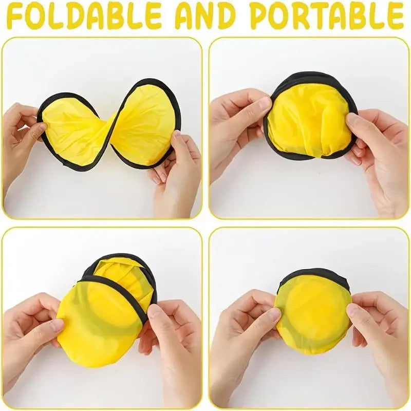 Yellow foldable cooling fans shown in various folded and unfolded states.