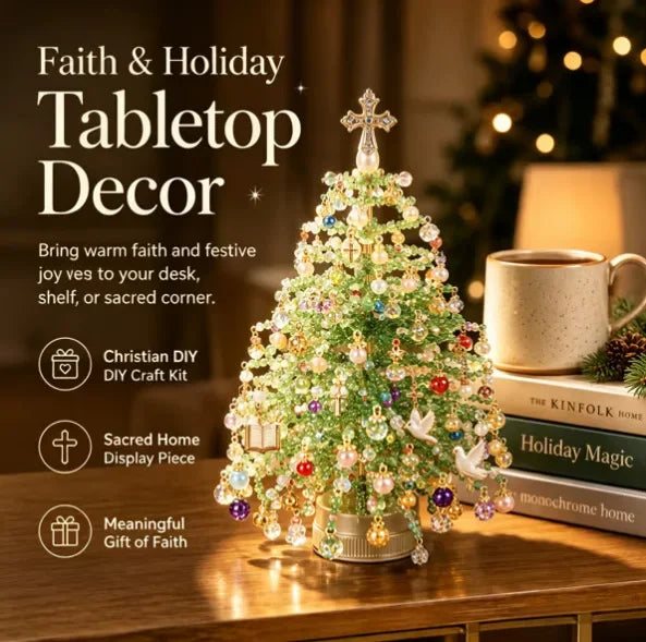 A festive tabletop decor featuring a sparkling beaded Christmas tree with crystal accents, set next to a cup and a stack of b