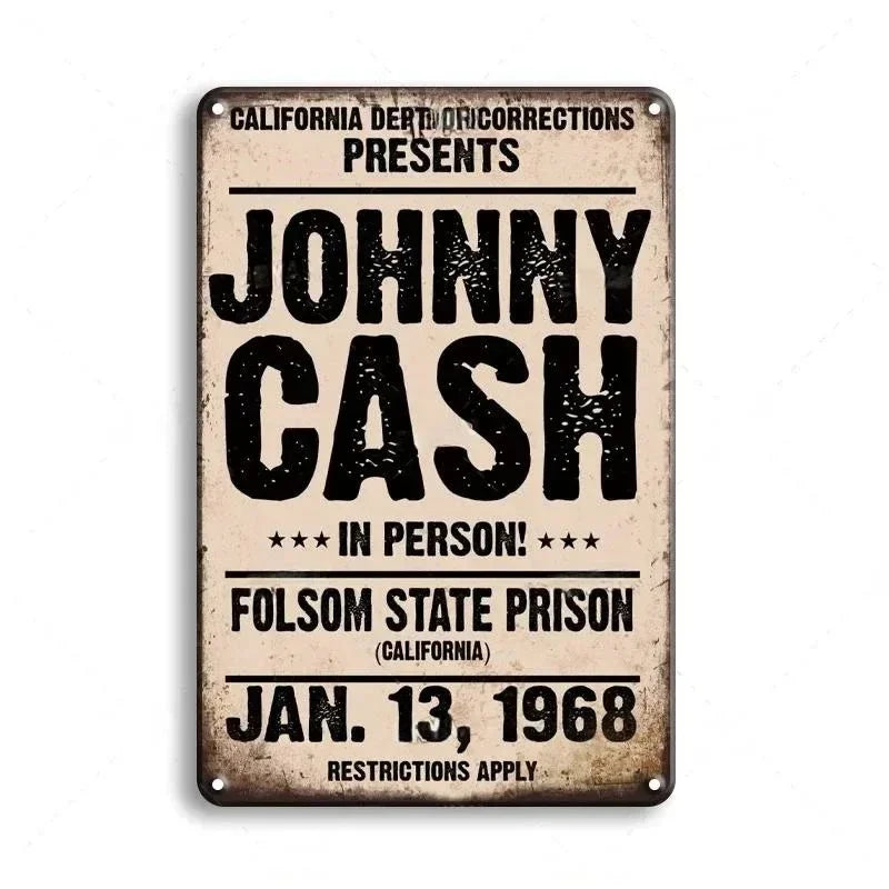 Placa de metal vintage de Johnny Cash presentando en persona en la prisión de Folsom el 13 de enero de 1968