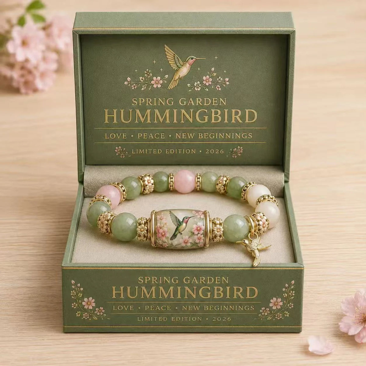 A delicate nature-inspired stretch charm bracelet with a green and pink floral design set in a wooden box.