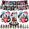 A collection of music-themed latex balloons featuring various album covers and musical icons for party decorations.