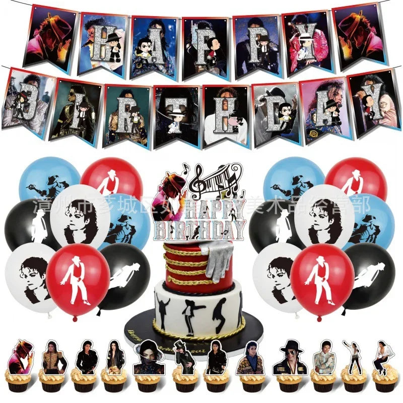 A collection of music-themed latex balloons featuring various album covers and musical icons for party decorations.